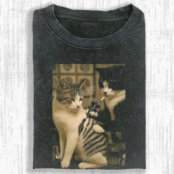 Funny Cat Meme T-Shirt with Retro Tattoo Style, Dark Humor Graphic Tee for Adults