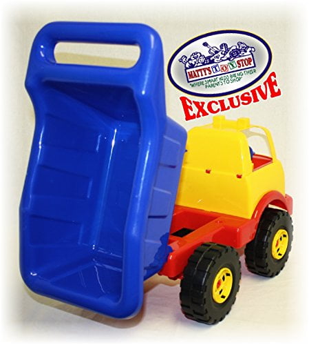 Mattys Toy Stop 12.5 Red Blue & Yellow Plastic Dump Truck with Sand Shovel & Rake 
