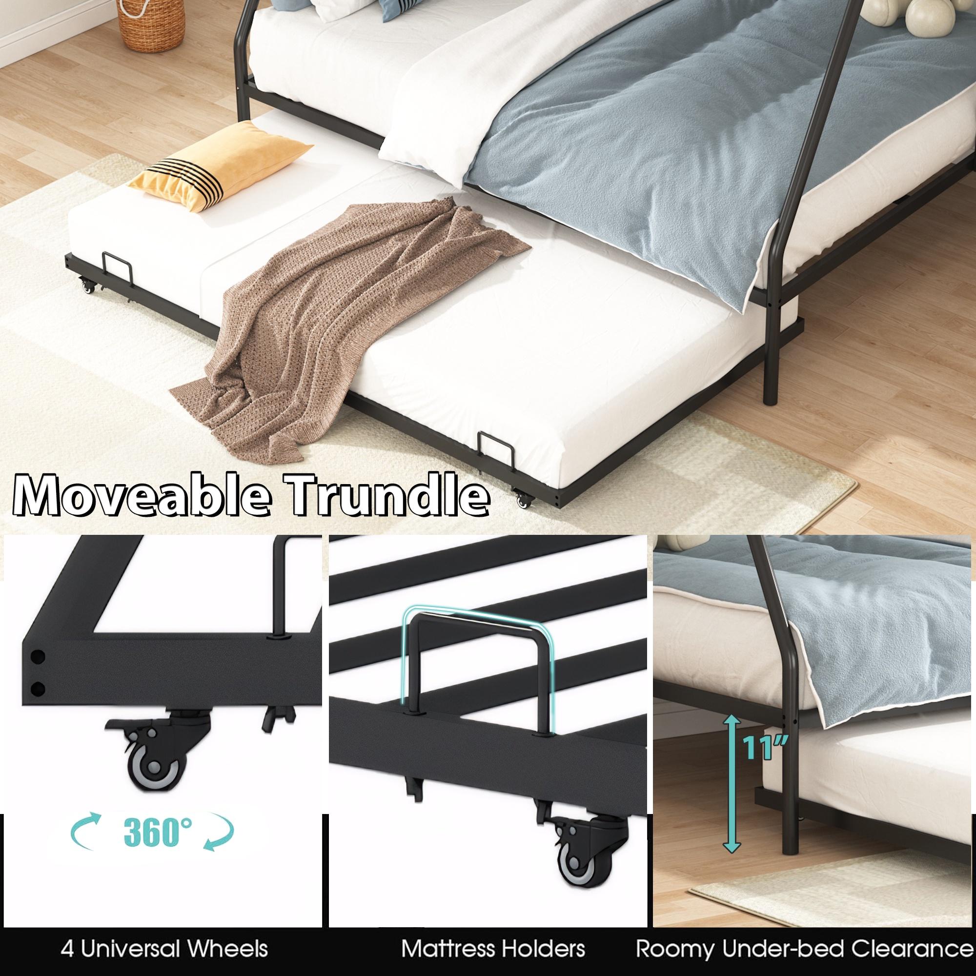 Metal Twin Over Full Bunk Beds with Trundle Bed, UHOMEPRO Twin Over Full Bunk Beds for Kids Adults Teens, Dorm Room Bunkbed with Trundle, 2 Ladders, CPC Certification, No Box Spring Needed, Black