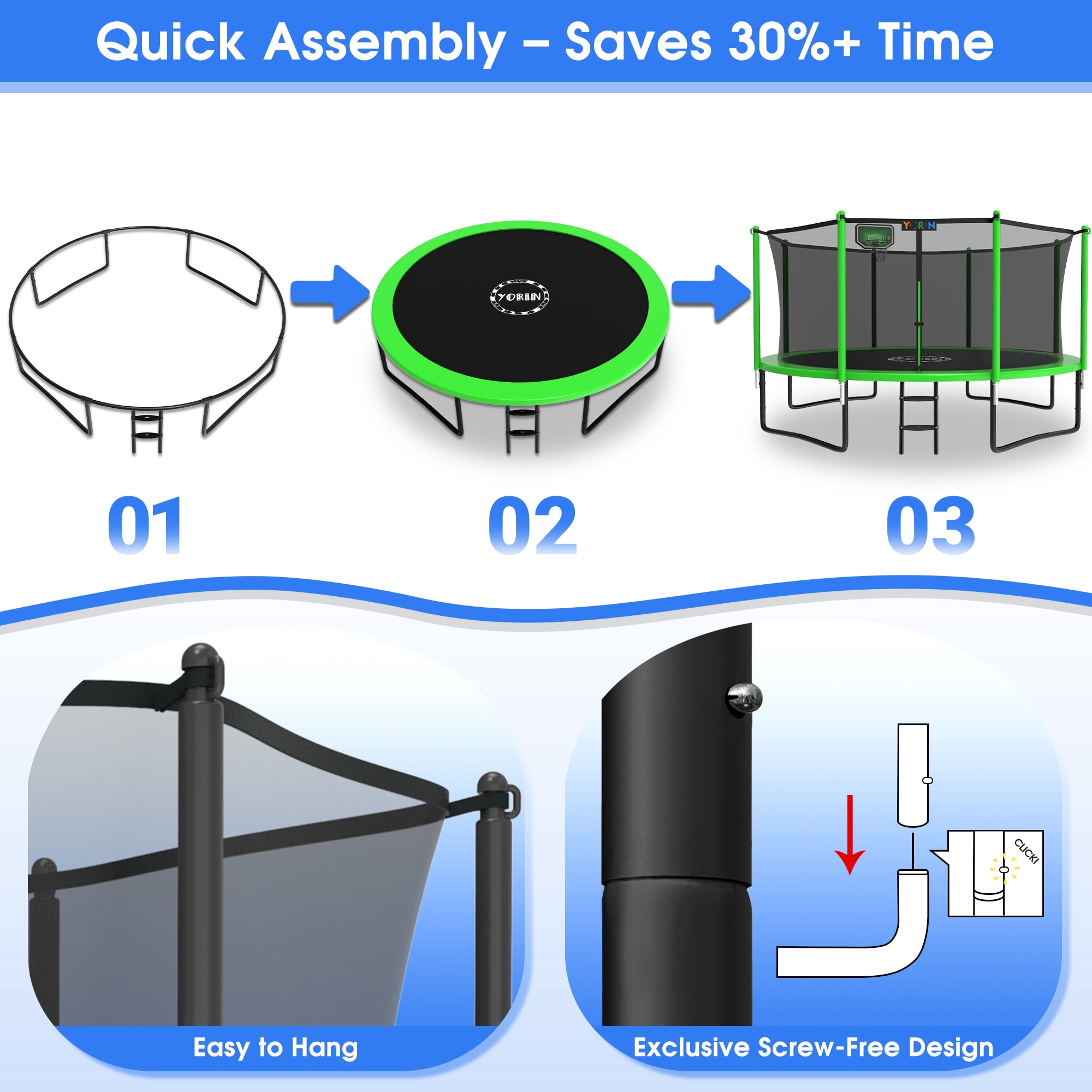 YORIN Trampoline, 12FT Trampoline for 4-5 Kids Adults with Enclosure, 1200LBS Outdoor Trampoline with Basketball Hoop, Sprinkler, Light, Socks, Ladder, Galvanized Anti-Rust Coating Trampoline
