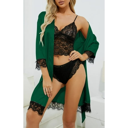 Women s Pajama Sets  Sexy Lingerie for Women  Satin Pajama Set 4Pcs Floral Lace Trim Lingerie Sleepwear with Robe  Women s Exotic Sleepwear & Robe Sets  DarkGreen(XL)