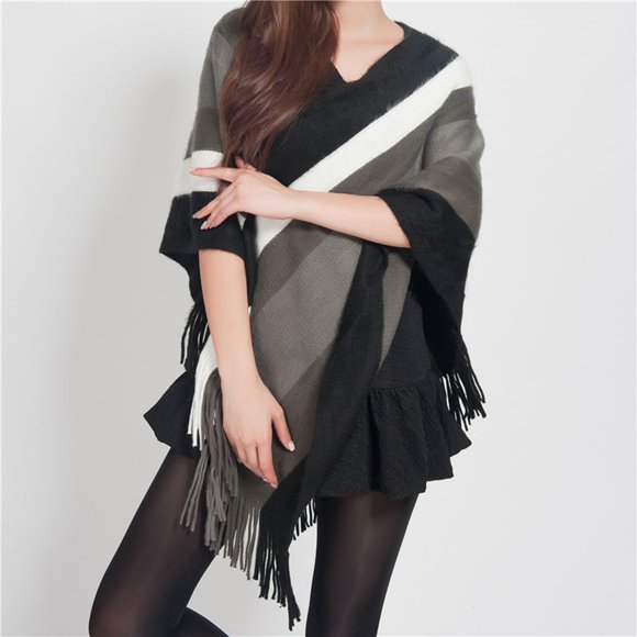 Manteau Chandail Coloré pour Femmes à Franges, Autres Foulards et Châles, Tricot, Poncho Ample, Ourlet Irrégulier, Empiècement, Châle