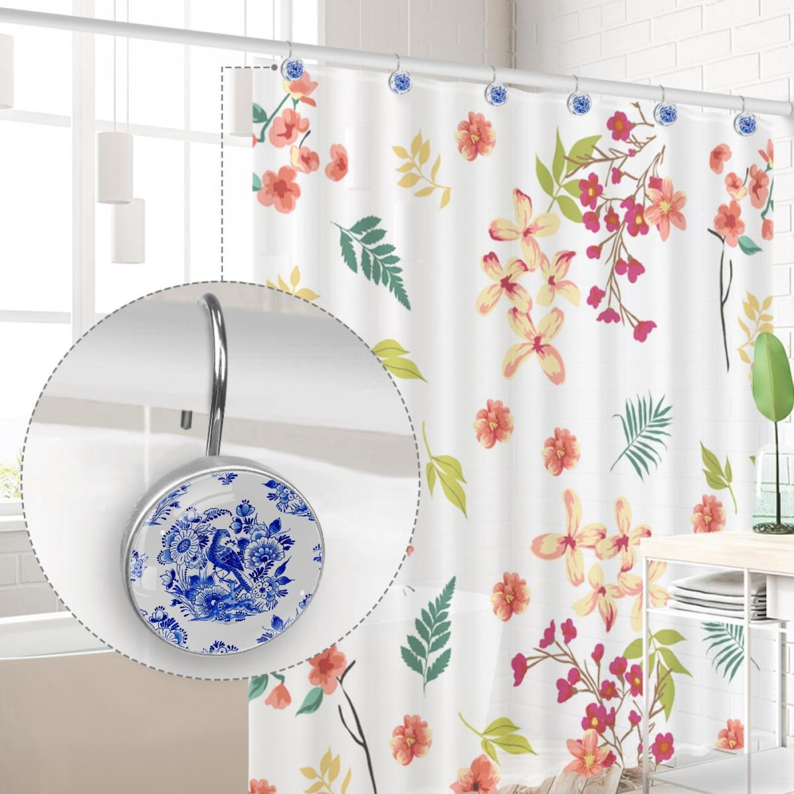 Blue Flower and Bird Shower Curtain Hooks（Set of 12）for Home Hotel Shower Rods Bathroom Crystal Glass Print Stainless Steel Round Curtain Hooks