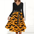 thumbnail image 4 of WTOBBY Women's Flared Halloween Dress Stylish with Bat and Pumpkin Print, V-Neck, Long Sleeves, Hollow Party Design for Casual Retro Fashion Wear ,Orange M, 4 of 4
