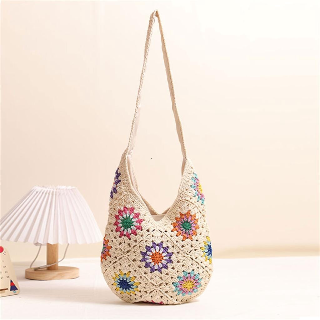 Giaone Women Handbag Knitted Shoulder Bag Crochet Beach Bag Flowers Crossbody Bag