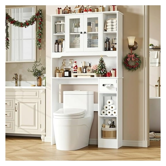 Over The Toilet Storage Cabinet, Over Toilet Bathroom Organizer with 2 Glass Doors & Paper Holder, Bathroom Shelves Over Toilet with Adjustable Shelves for Restroom and Laundry Room, White