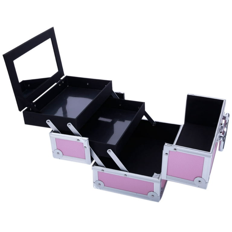 Zimtown Portable Aluminium Makeup Storage Case Train Case Bag with Mirror Lock Silver Jewellery Box Pink