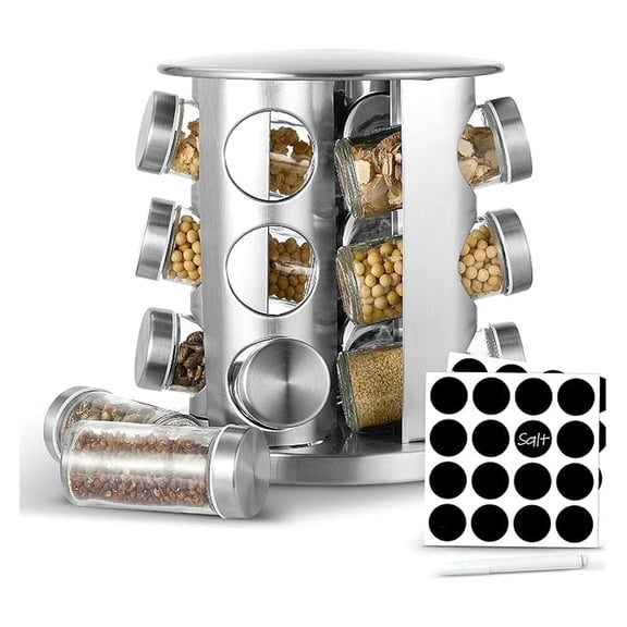 Rotating Spice Rack - 12 Jar Stainless Steel Organizer for Countertop & Cabinet - Includes Labels & Marker