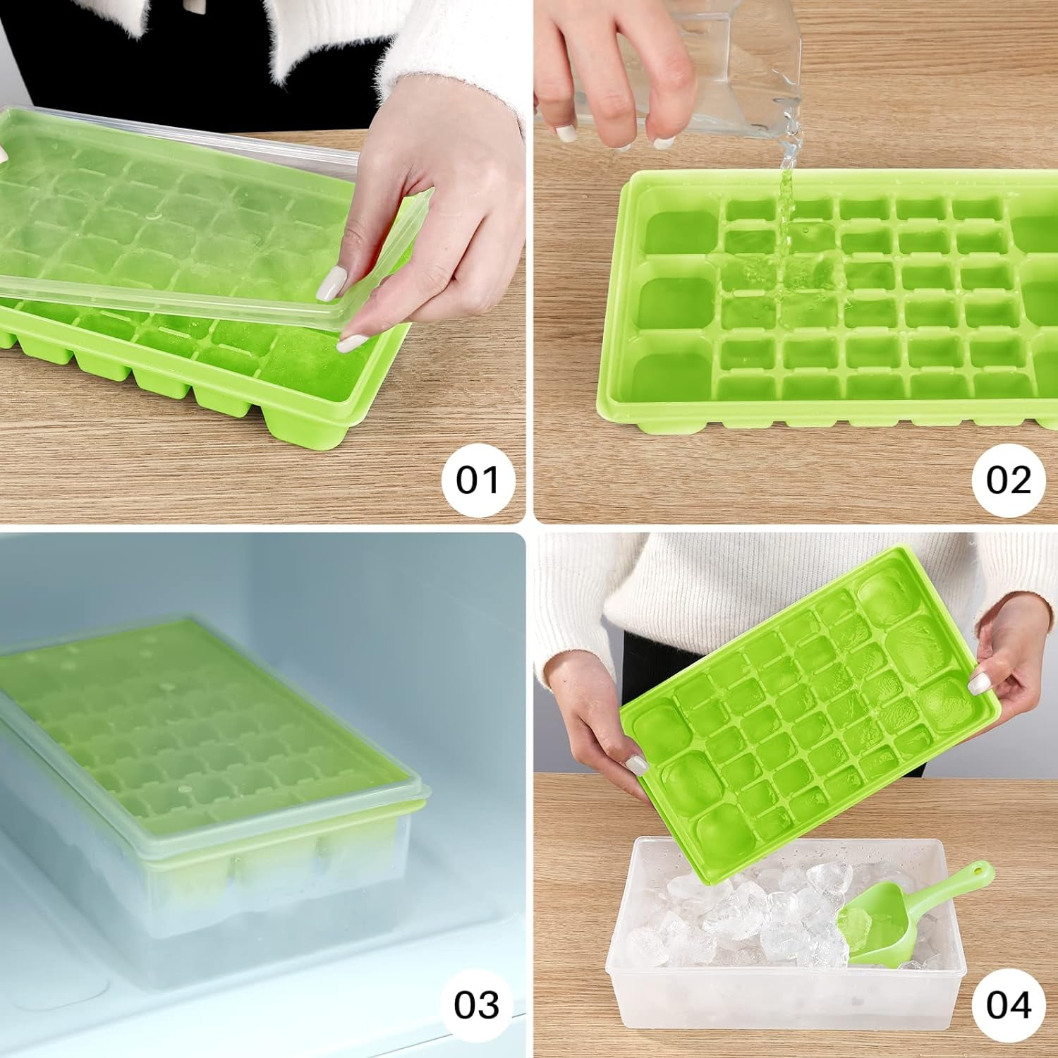 Ice Cube Tray with Lid and Bin for Freezer, Easy Release 36 Nugget Ice Tray with Cover, Storage Container, Scoop. Perfect Small Ice Cube Maker Tray & Mold. Flexable Durable Plastic, BPA Free (Green)