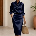 thumbnail image 5 of TaTaai Womens Dresses Long Sleeve Turndown Collar Solid Button Back Split Midi Dress with Belt Silky Smooth Lustrous for Fall, 5 of 7