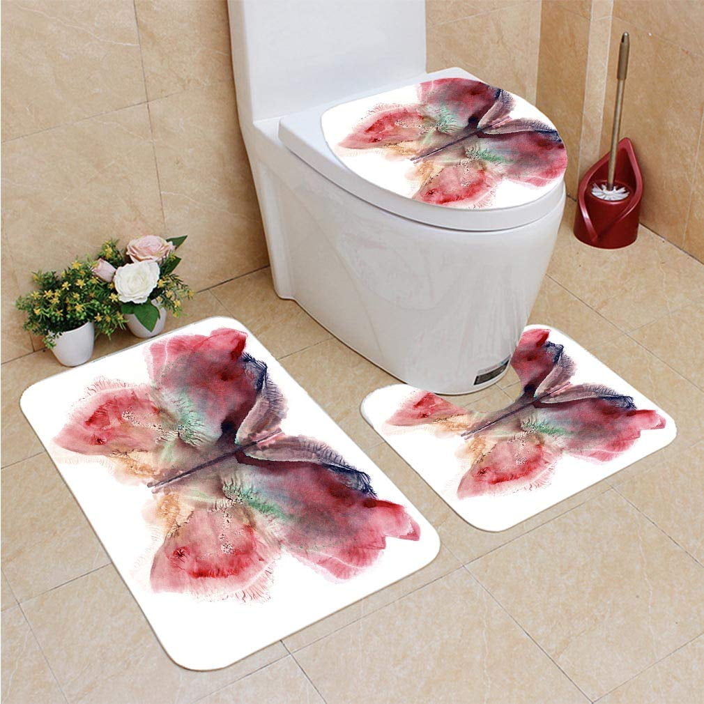 CHAPLLE red Painted Butterfly 3 Piece Bathroom Rugs Set Bath Rug