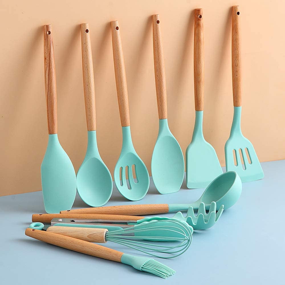 11Pcs Silicond Cooking Utensil Set Heat Resist Wooden Handle Silicone  Spatula Turner Ladle, 1 unit - Foods Co.