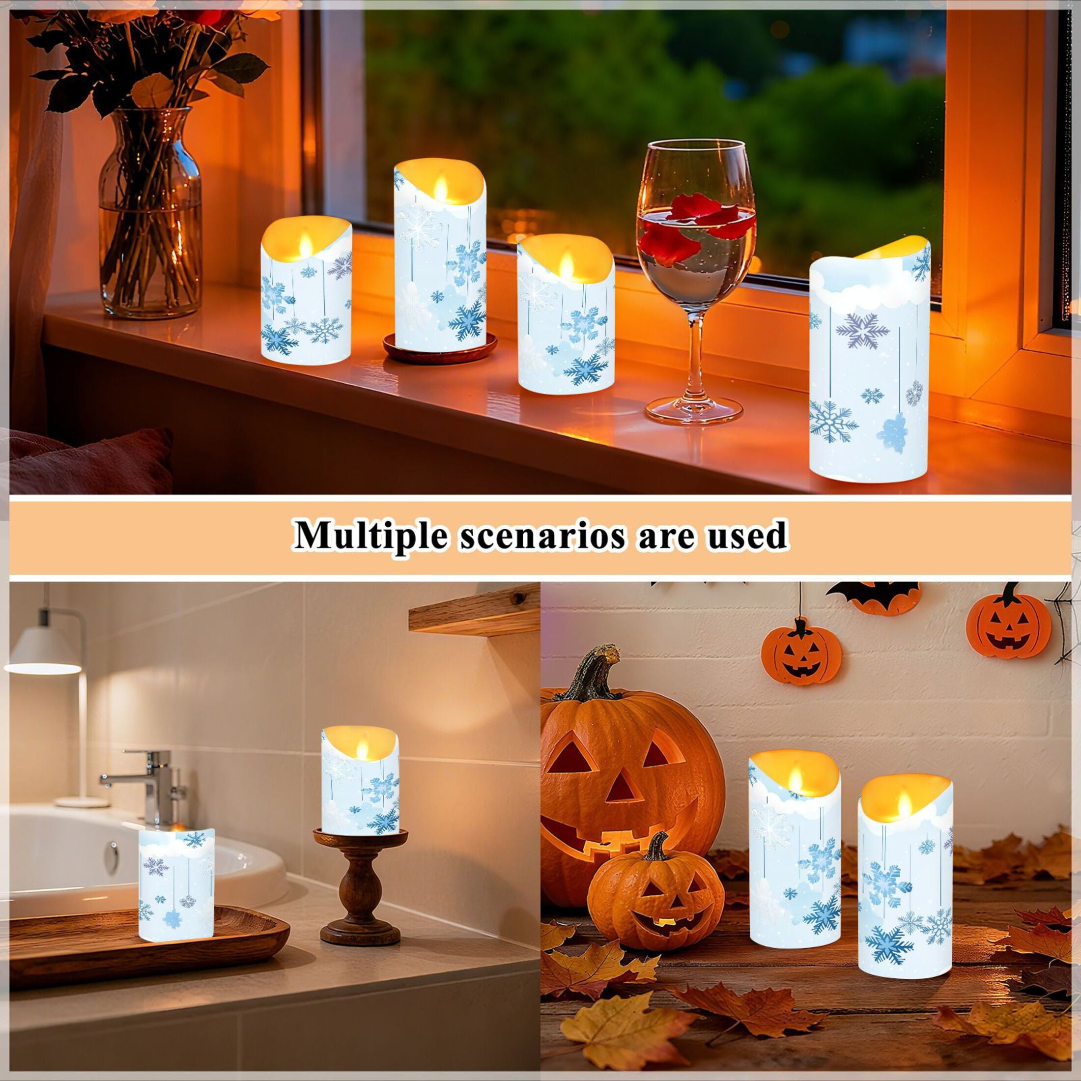 2 PCS Tilted Flameless Candles Flickering LED Lights Battery Operated Candles with Remote Timers for Holiday Decor Hanging Snowflakes