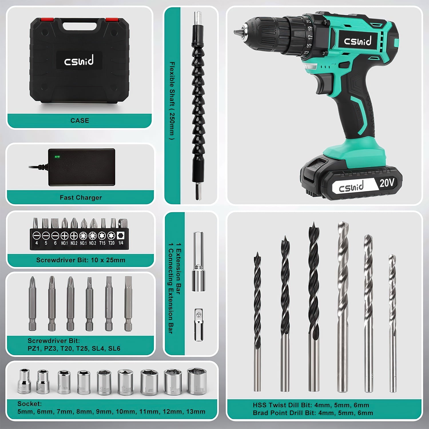 Cshidworld 20V Cordless Drill, Electric Power Drill Set with 1 Battery & Charger, 3/8" Keyless Chuck, 2 Variable Speed & LED Light, 266 In-lb Torque, 25+1 Position and 34pcs Drill/Driver Bits(Green)