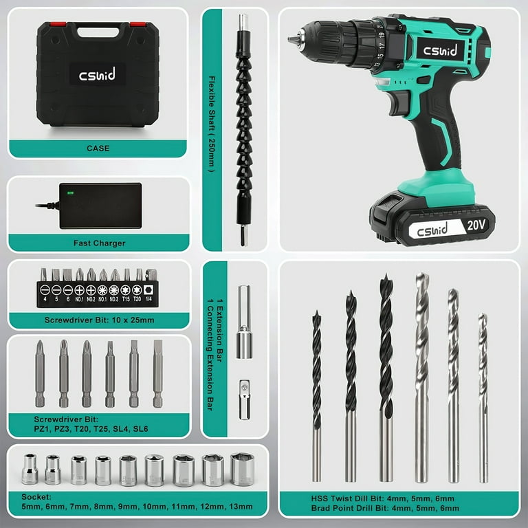Yougfin Cordless Drill Set, 20V Power Drill Kit with Battery and Charger,  3/8 Keyless Chuck, Variable Speed, 25+1 Torque Setting, 34pcs Accessories