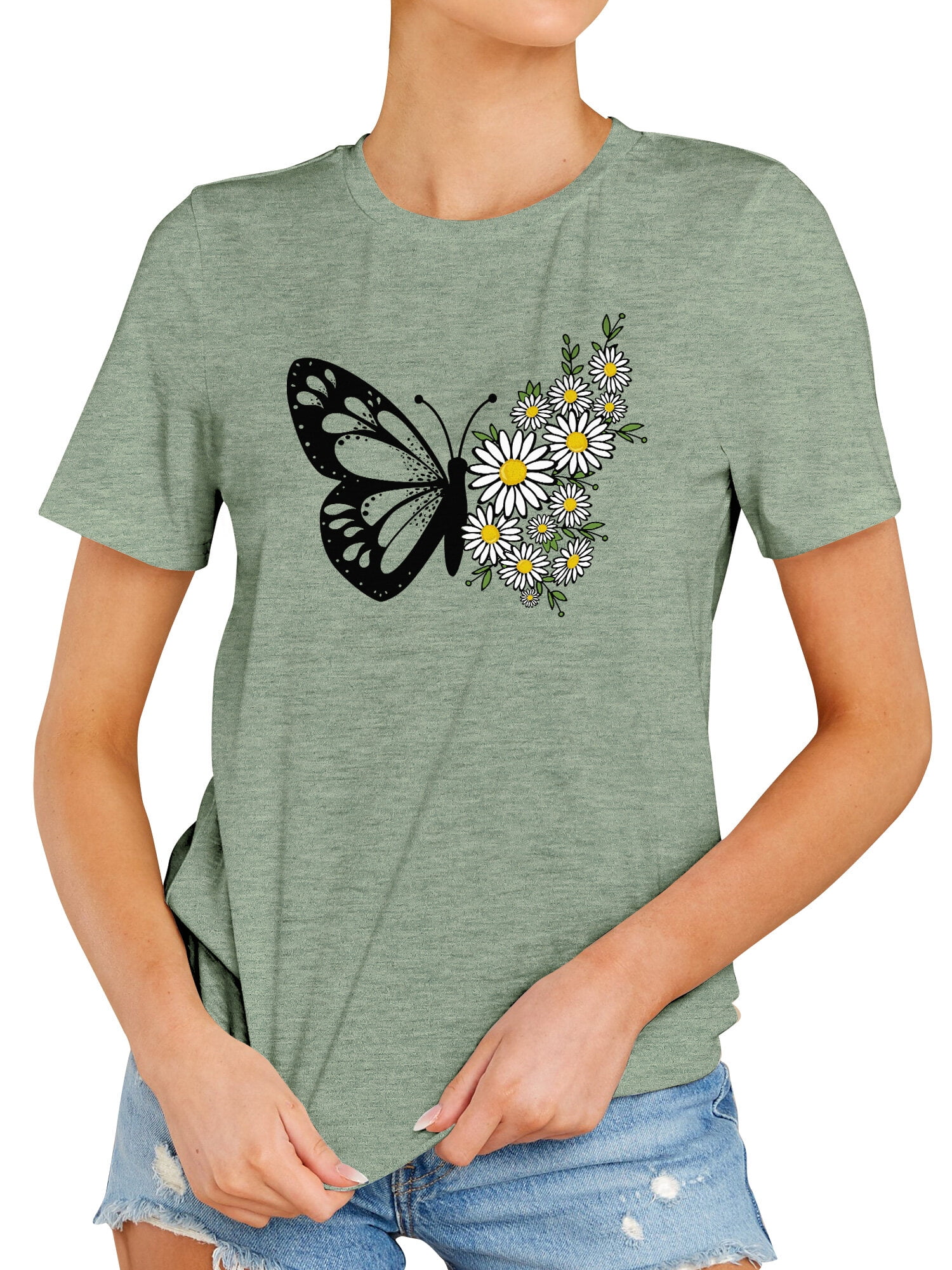 Twzh Women Daisies Butterfly Graphic Print T Shirt Short Sleeve Plain