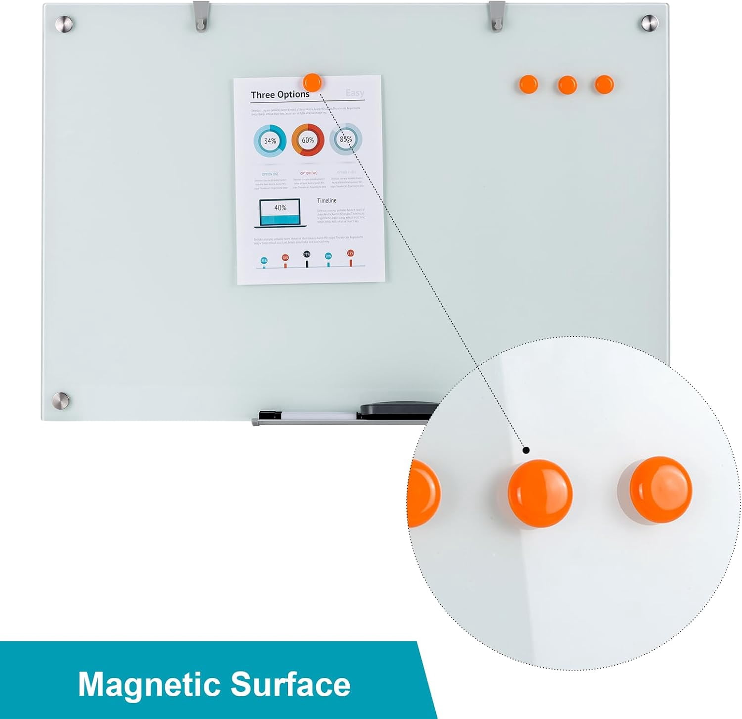 WingWise Glass Magnetic Whiteboard, Dry Erase Board, 48" x 36", Wall Mounted White Board, Frameless Board for Office, Home, School