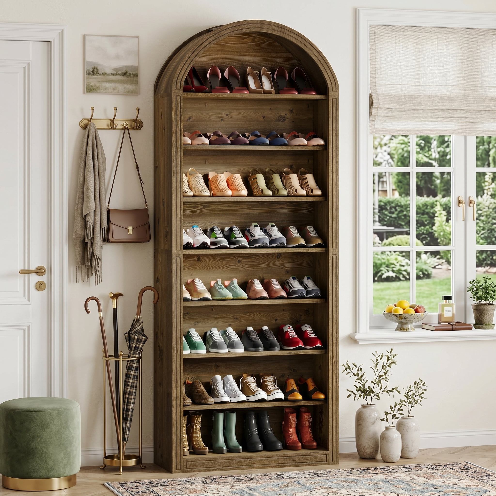 Fnova 79.5" Arched Shoe Storage Cabinet, 8-Tier Wooden Shoe Organizer Rack for 35 Pairs, Adjustable Shelves, Brown