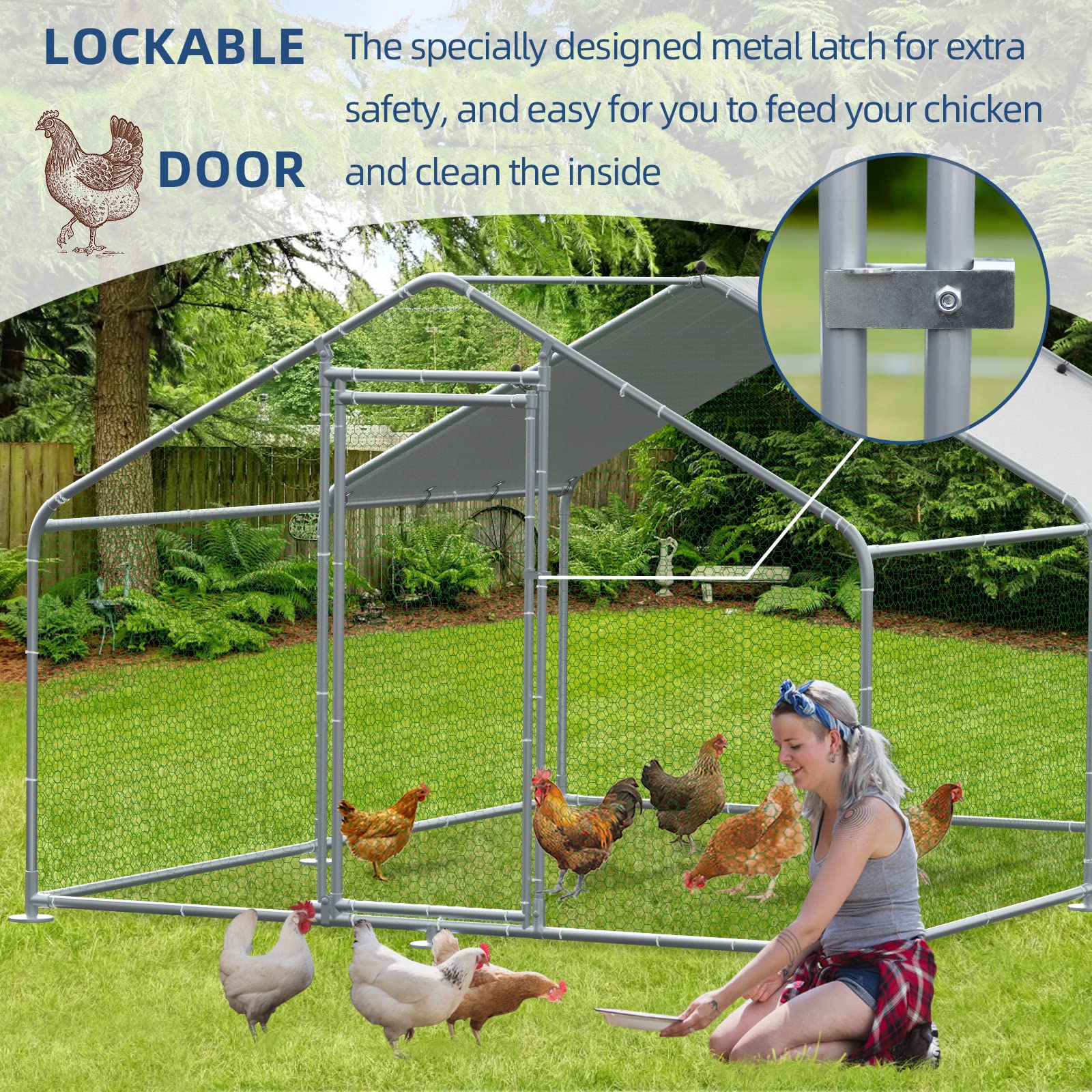 Outdoor Large Metal Chicken Coop Walk-in Poultry Cage Hen Run House Duck House Rabbits Habitat Cage Spire Shaped Coop with Waterproof and Anti-Ultraviolet Cover for Backyard Farm