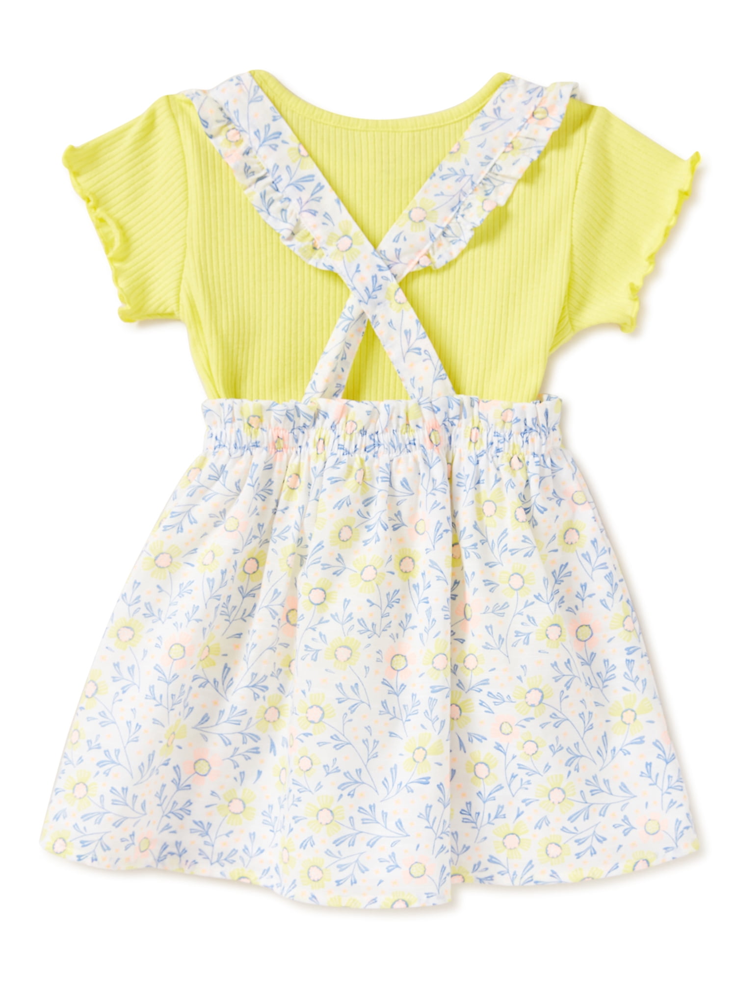 Wonder Nation Baby & Toddler Girls Short Sleeve T-Shirt & Pinafore Dress, 2-Piece Outfit Set, Sizes 12M-5T
