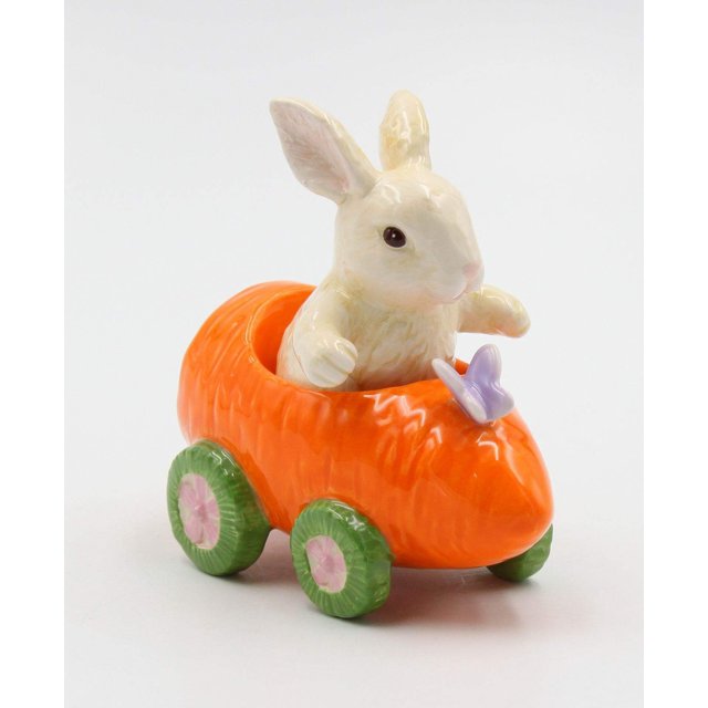 Conejo de cerámica fina en carrito de zanahoria Salero y pimentero 4 1/4" L