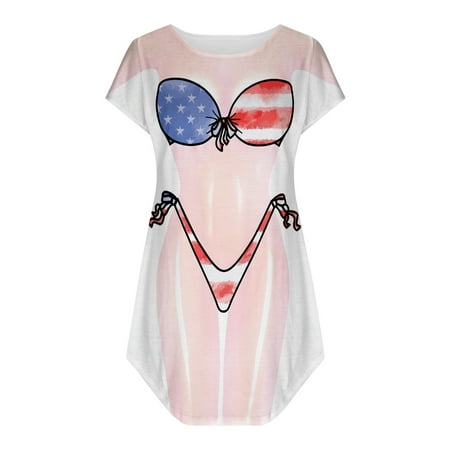 up to 60% off Gifts Dianli Independence Day Short Sleeve Women s Bikini Shirt Cover Up Short Sleeve Cute Bikini Print Cover-Up Baggy T Shirt Dress Wear Fashion Holiday Deals Workout M 6