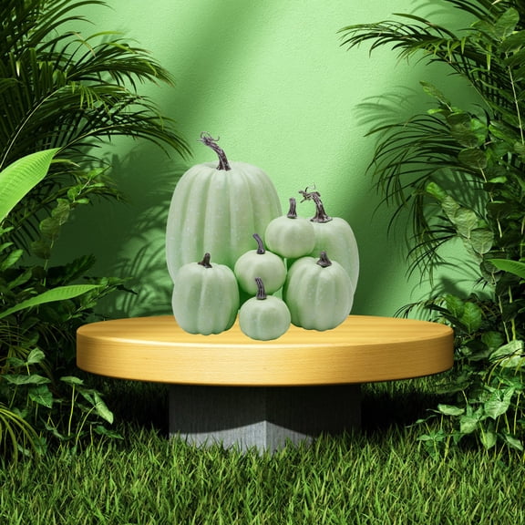 HaiSphere 7 Pcs Light Mint Green Artificial Fake Pumpkins Set, Fall Harvest Halloween Decorative Foam Pumpkins for Thanksgiving Table Home Party Seasonal Decoration ---
