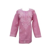 Mogul Women Cotton Pink Indian Tunic Blouse Top Hand Embroidered Ethnic Kurta Kurti XXL