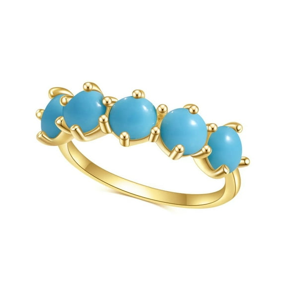 5.0mm Round Cabochon Lab-Created Turquoise Half Eternity Five-Stone Prong-Set Wedding Band Ring in 925 Sterling Silver for Women