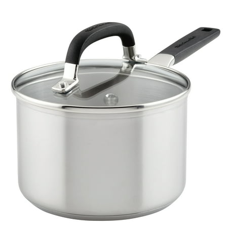 KitchenAid Stainless Steel 2 Quart Induction Sauce Pan with Measuring Marks and Lid Metal Utensil and Dishwasher Safe, Brushed Stainless Steel