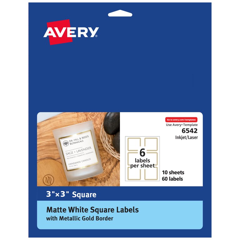 Avery Matte White Labels with Metallic Gold Borders, 3" x 3" Square Labels,  60 Total, Laser/Inkjet Printable Labels (6542) - Walmart.com