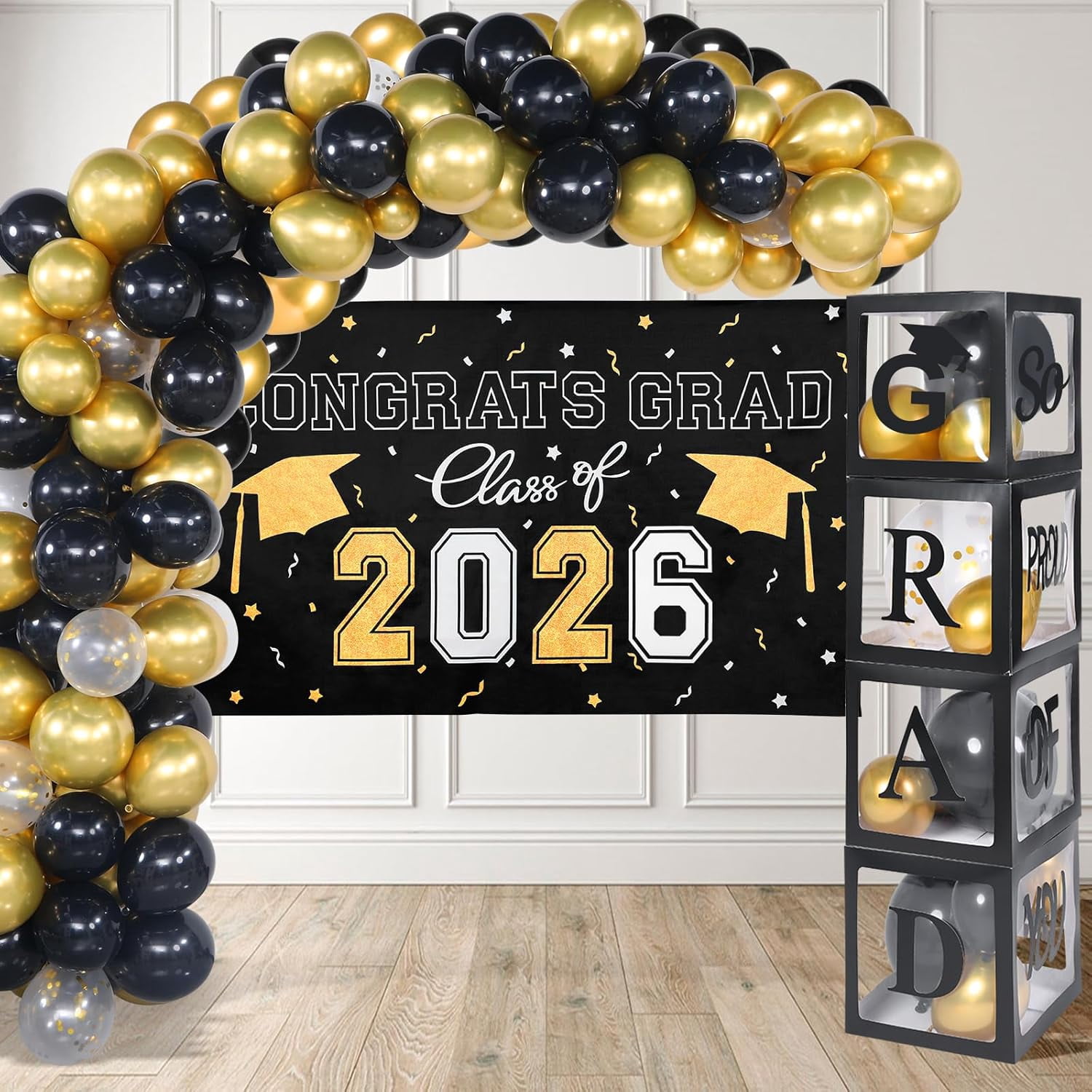 Graduation Decorations Class of 2026 ,Black and Gold Party include 4 Pcs Balloons Boxes with Letters, 110 Balloon Arch Kit Banner backdrop for Favors Decor