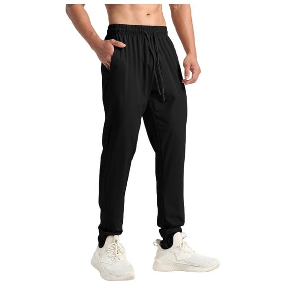 Enjoytime Mens Winter Pants Solid Color Elastic Waist Plus Size Work Pants Drawstring Lightweight Outdoor Trousers with Pockets Black L