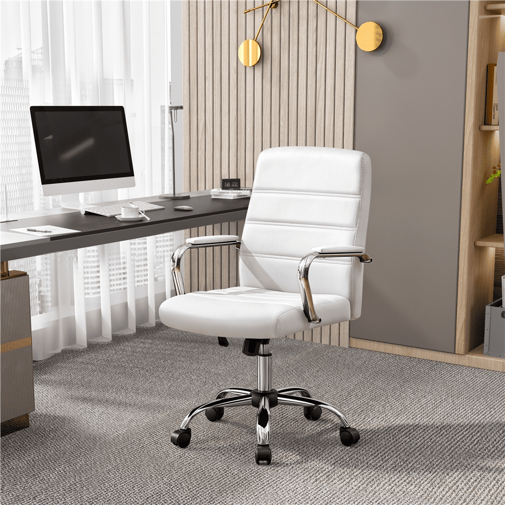 Alden Design Adjustable Swivel Faux Leather Office Chair Mid-Back for Home Office, White