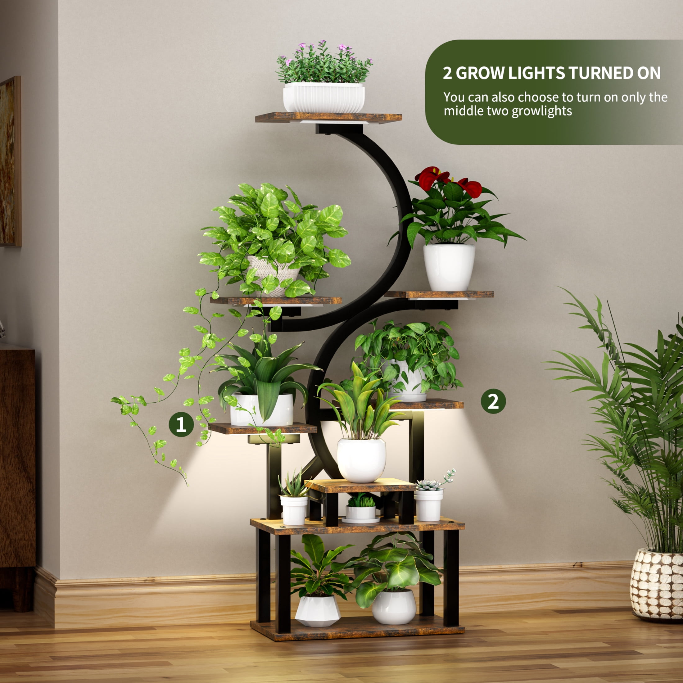Noble House 62" 8-Tier S-Shaped Indoor Plant Stand, Wood Multi-Plant Display Rack with 5 Grow Lights, Rustic Brown