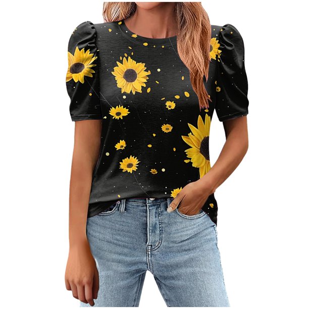 Tops de Manga Corta de las Mujeres Impreso Cuello Redondo, Suelto Casual Top para el Hogar Y el Uso Diario