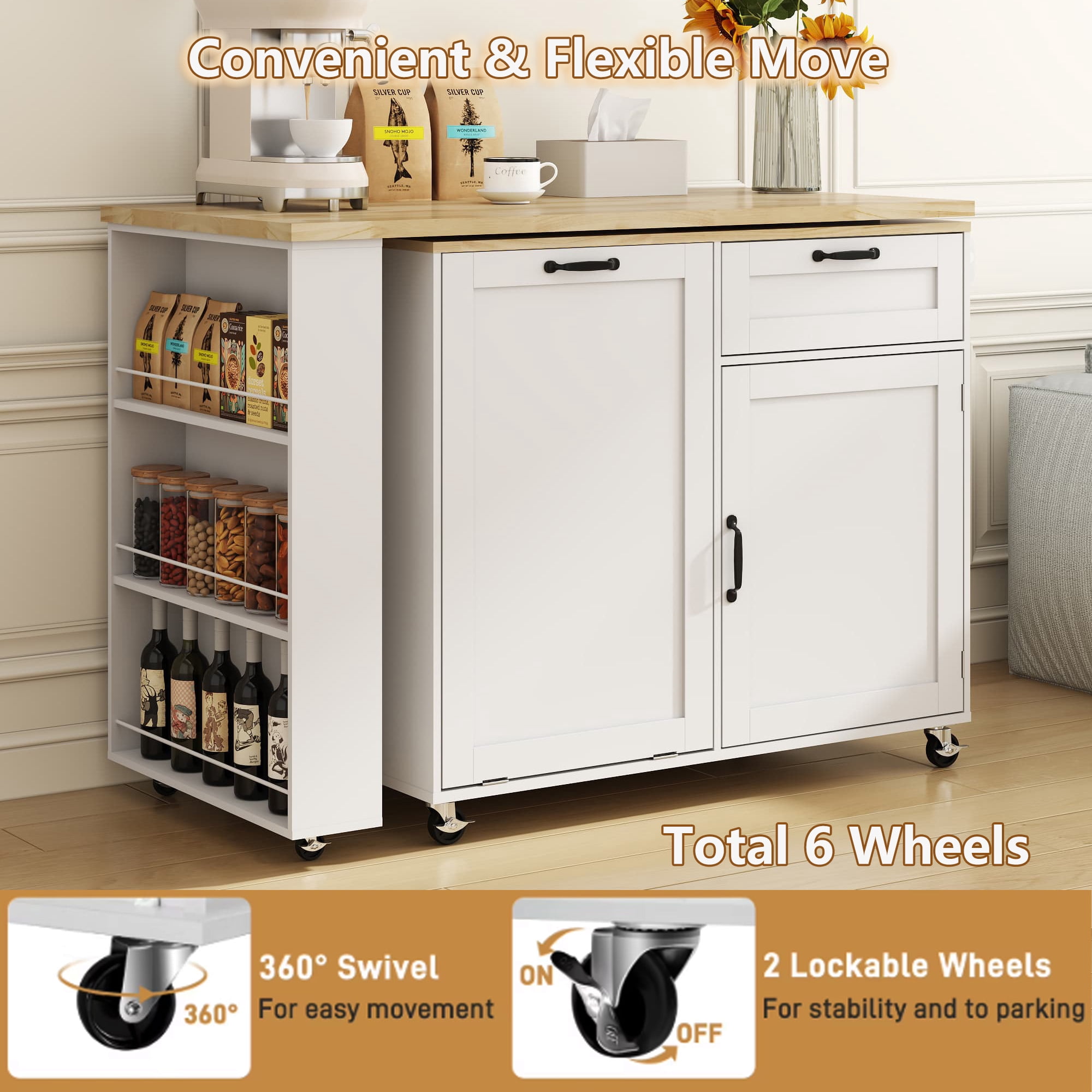 Rolling Kitchen Island with 360° Rotating Extendable Dining Table, 72" Large Island Table with Power Outlet & 7-Tier Spice Racks & Trash Can Storage, Cord Management Hooks