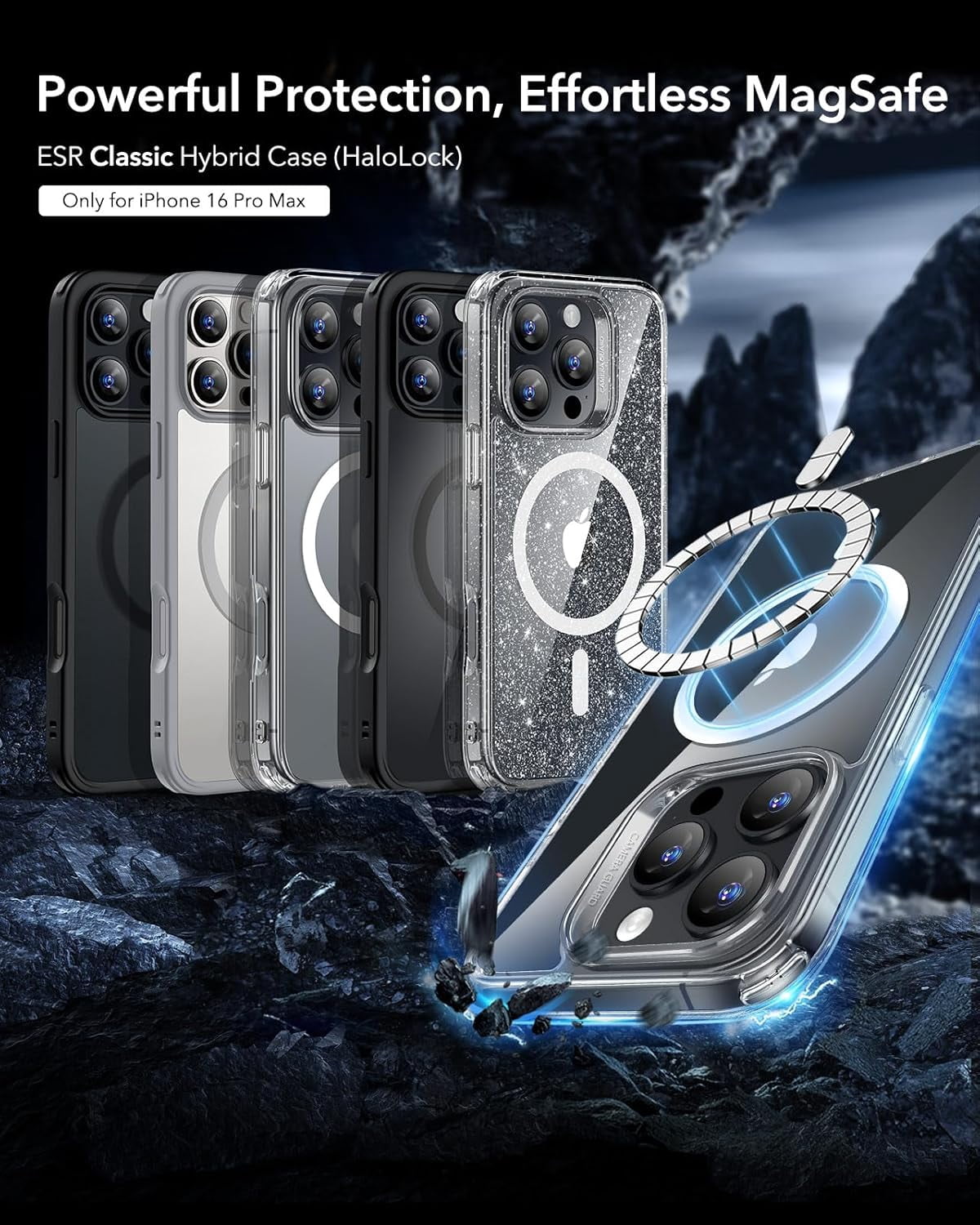 CRKMGS-ESR for iPhone 16 Pro Max Case, Compatible with MagSafe, Shockproof Military-Grade Protection, Magnetic Phone Case for iPhone 16 Pro Max, Classic Hybrid Case (HaloLock), Clear Grey
