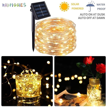 BadPiggies 100 LED 33ft Solar String Lights 8 Modes Waterproof Copper Wire Solar Powered Fairy Lights for Home Garden Patio Wedding Party Christmas Decor (Warm White)