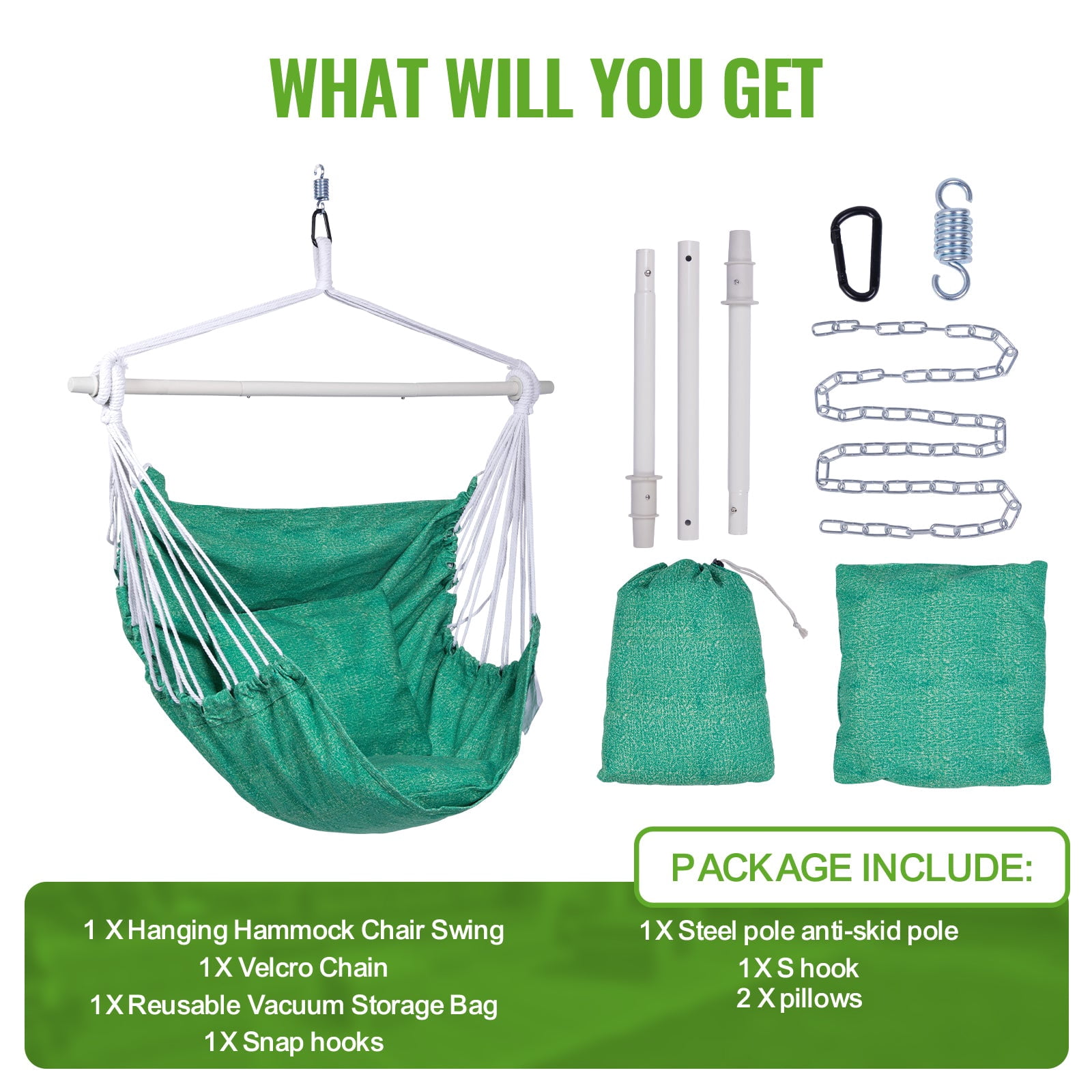 Backyard Expressions Hammock Chair Hanging Rope Swing Chair, 2 Pillows, Anti Slip Steel Spreader Bar
