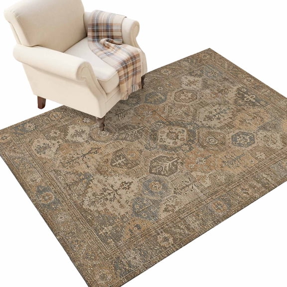 Central Medallion Washable Area Rug 3 x 5 ft Vintage Abstract Traditional Brown Textured Soft Non‑Slip Rugs Stain Repellent Indoor Mats for Entry Foyer, Apartment Living Corner Dining Nook