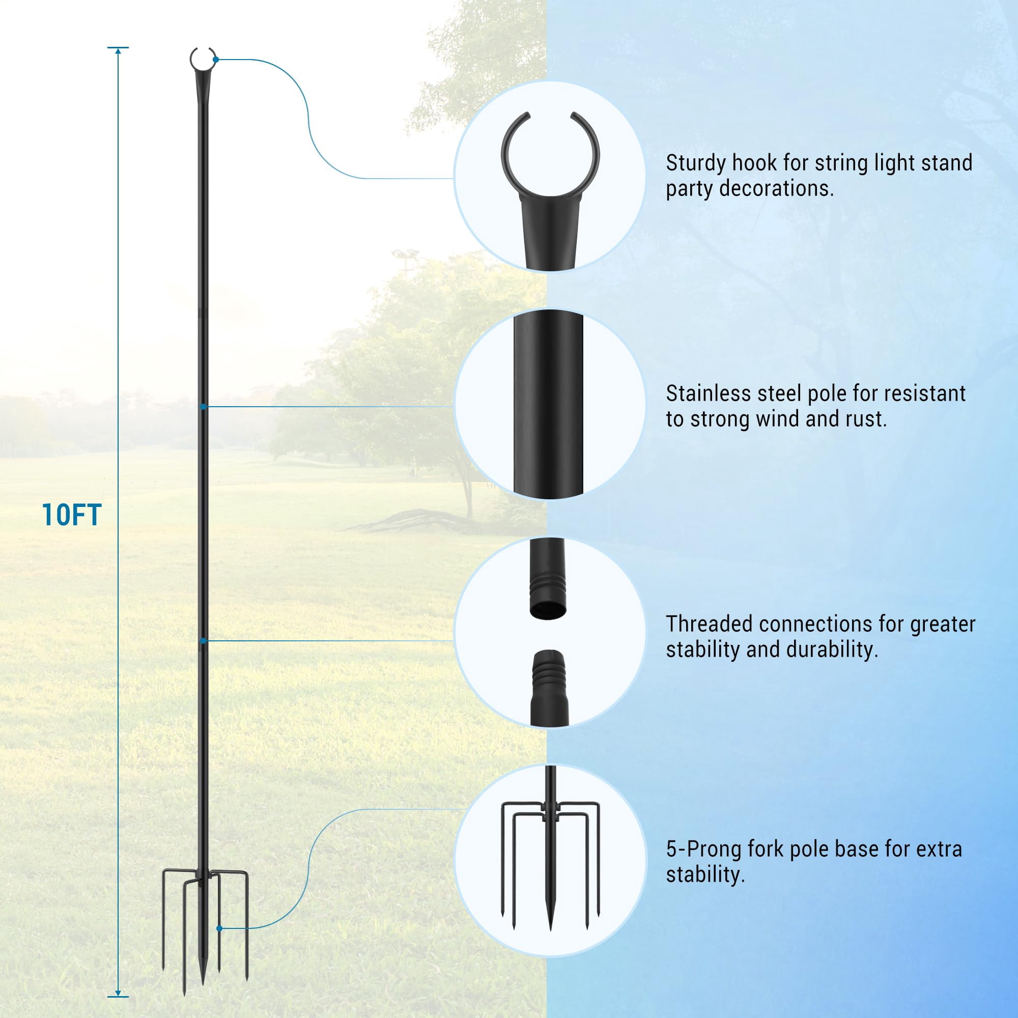 4/8Pack 10Ft Metal String Light Poles with Fork,Outdoor Post Lights,Pole for Hanging Christmas Lights Garden, Patio, Wedding, Backyard, Deck, Party