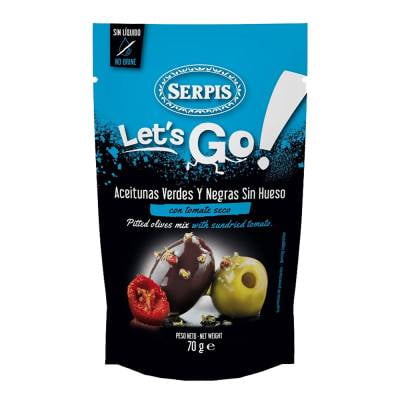 Aceitunas verdes y negras Serpis let's go! sin hueso con tomate seco 70 g