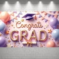 thumbnail image 3 of Gold Lettering Graduation Banner Purple Grad Cap Grad Party Backdrop Diploma Scroll Pastel Balloons Graduation Background for Graduation Ceremony College Grad Party Photo Shoot Backdrop, 3 of 9