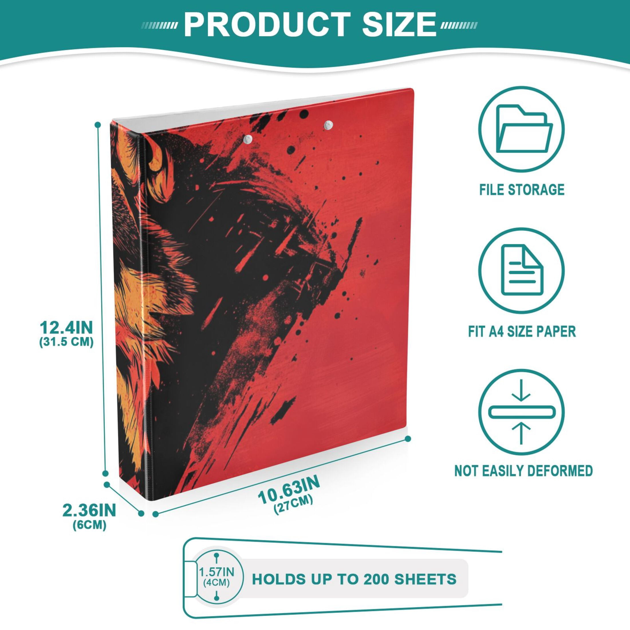 Wolf Face Red 3 Ring Binders 1.5 inch Hardcover File Folders with Interior Pockets A4 Size Organizer for School Office Hospital
