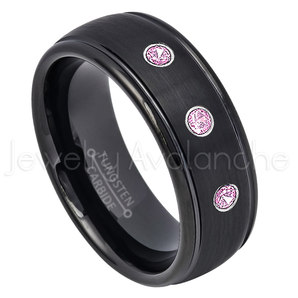 0.21ctw Pink Tourmaline 3-Stone Titanium Ring October Birthstone Ring 7MM Comfort Fit Polished Dome White Titanium Wedding Band