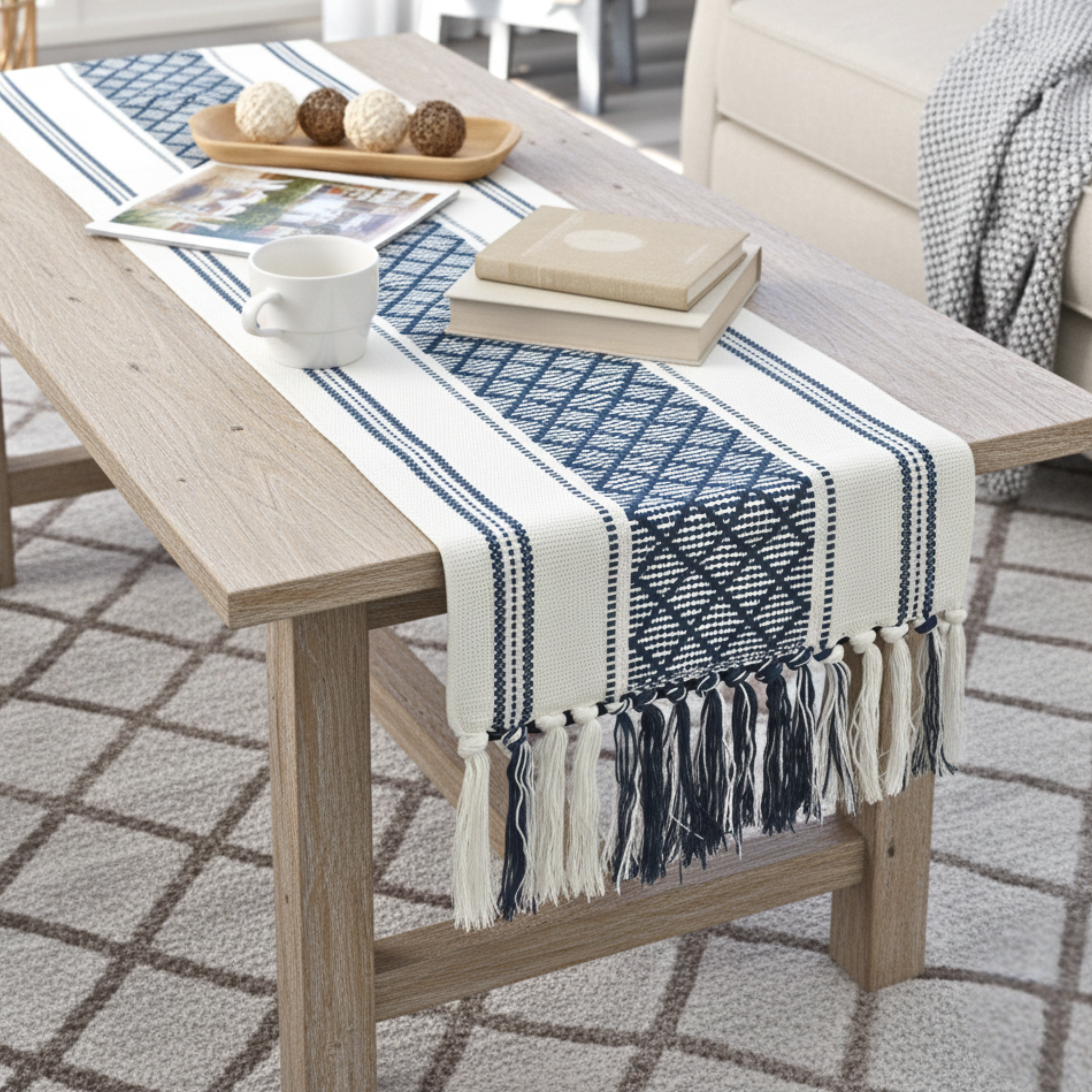 Boho Dining Table Runner with Tassel Fringe 14 x 72 Inches, Navy Blue & Cream | Farmhouse Style Woven Dresser Scarf / Designer Console Table Topper Cover