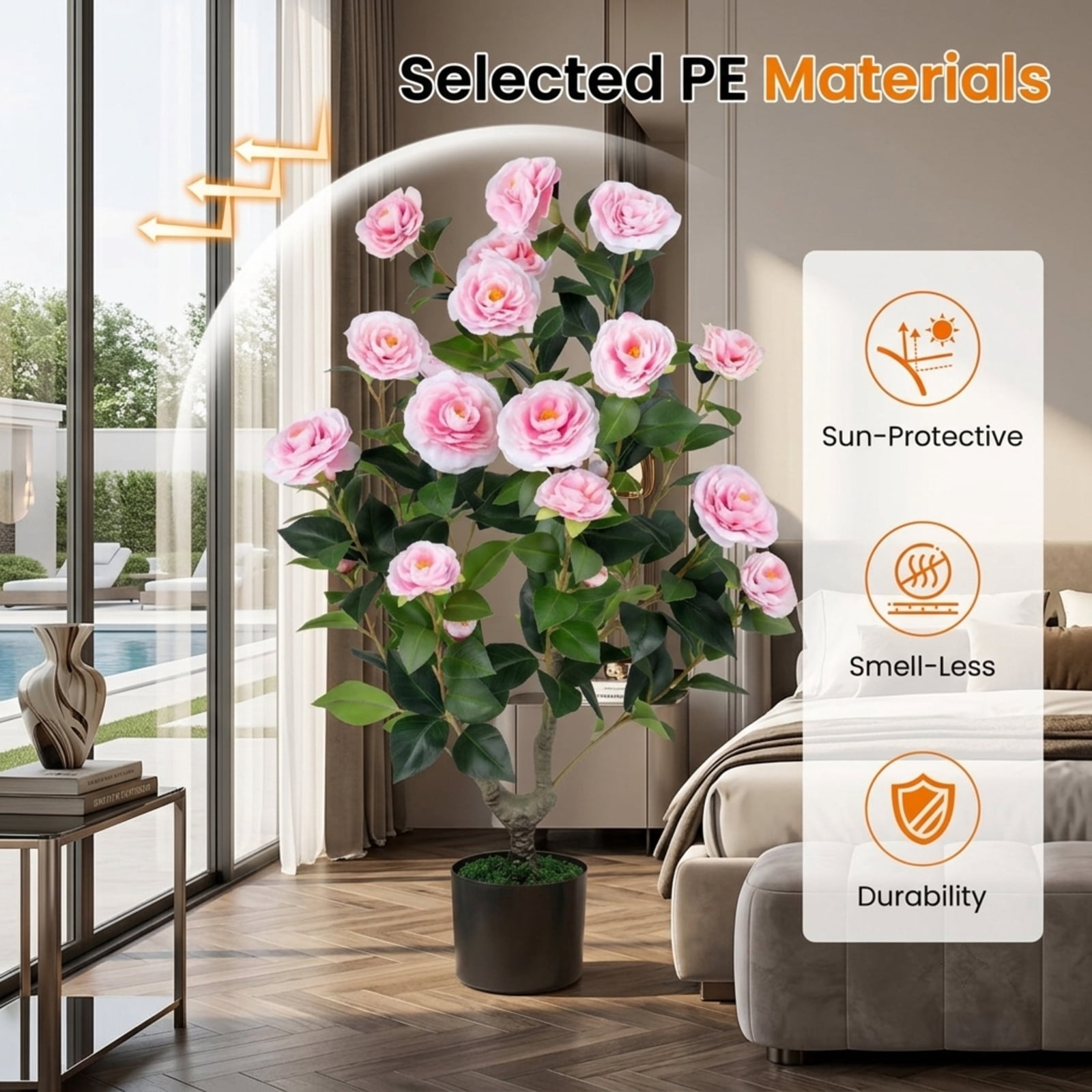 Vebreda 35.5 Inch Artificial Camellia Tree, Pink Faux Flower Plant in Cement-Filled Pot, Lifelike Fake Tree for Indoor Outdoor Home Office Decor