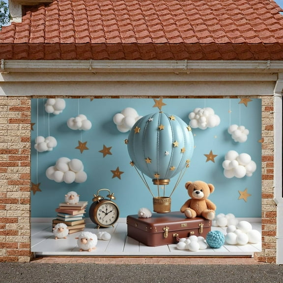Cute Hot Air Balloon Banner Cartoon Design Teddy Bear Display Blue Tone Gold Star Starry Backdrop for Nursery Decoration Kids Room Decor Baby Shower