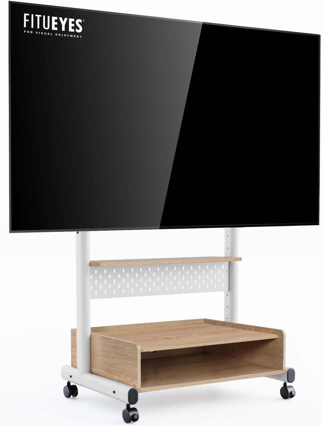FITUEYES Rolling TV Stand for 40–85 Inch TVs, White, Storage & Pegboard